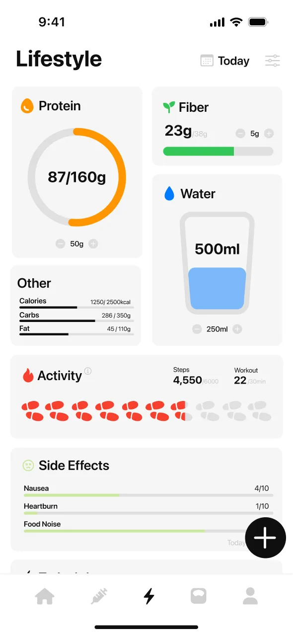 MeAgain Lifestyle screen showing Protein, Fiber, Water, Activity steps, and Side Effects severity ratings on a single dashboard