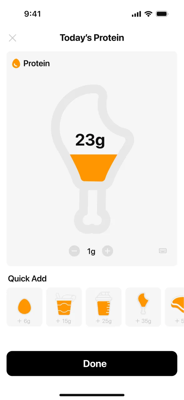 MeAgain food logging screen showing protein tracking progress toward a daily goal