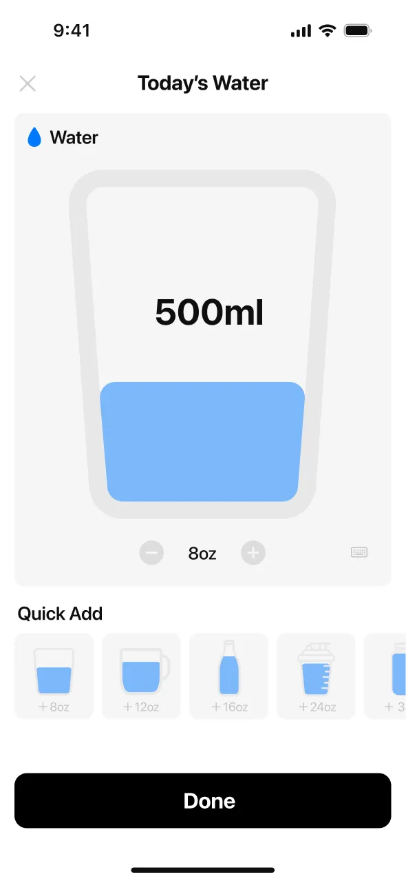 MeAgain food logging and water tracker screen showing hydration progress for a GLP-1 user on Mounjaro