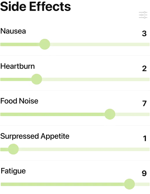 MeAgain side effects tracking screen with severity sliders for Nausea, Heartburn, Food Noise, Suppressed Appetite, and Fatigue