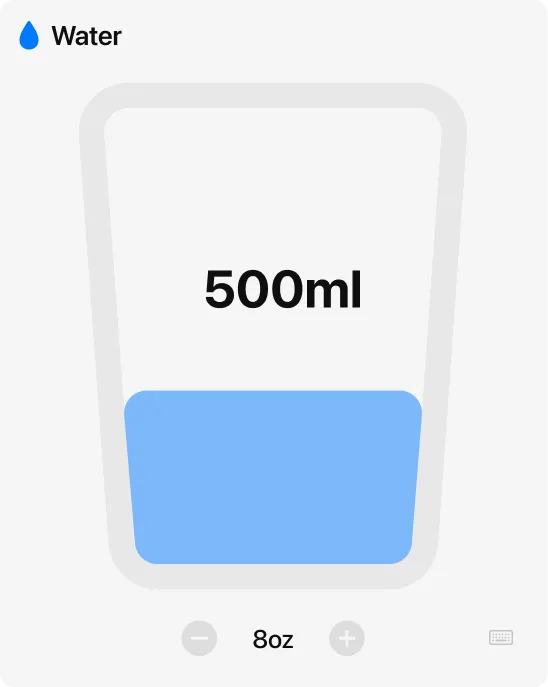 MeAgain water tracking card showing a full glass with hydration progress