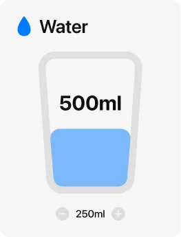 MeAgain water tracking card showing a glass filling to 500ml with a 250ml stepper