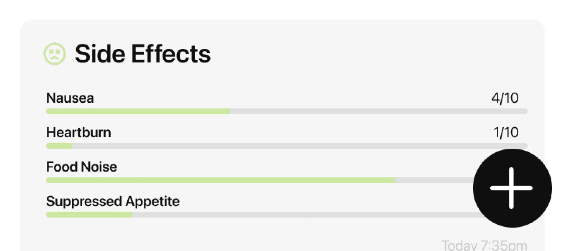 MeAgain side effects tracker wide view showing symptom logging, shot timing, and weekly patterns for GLP-1 users