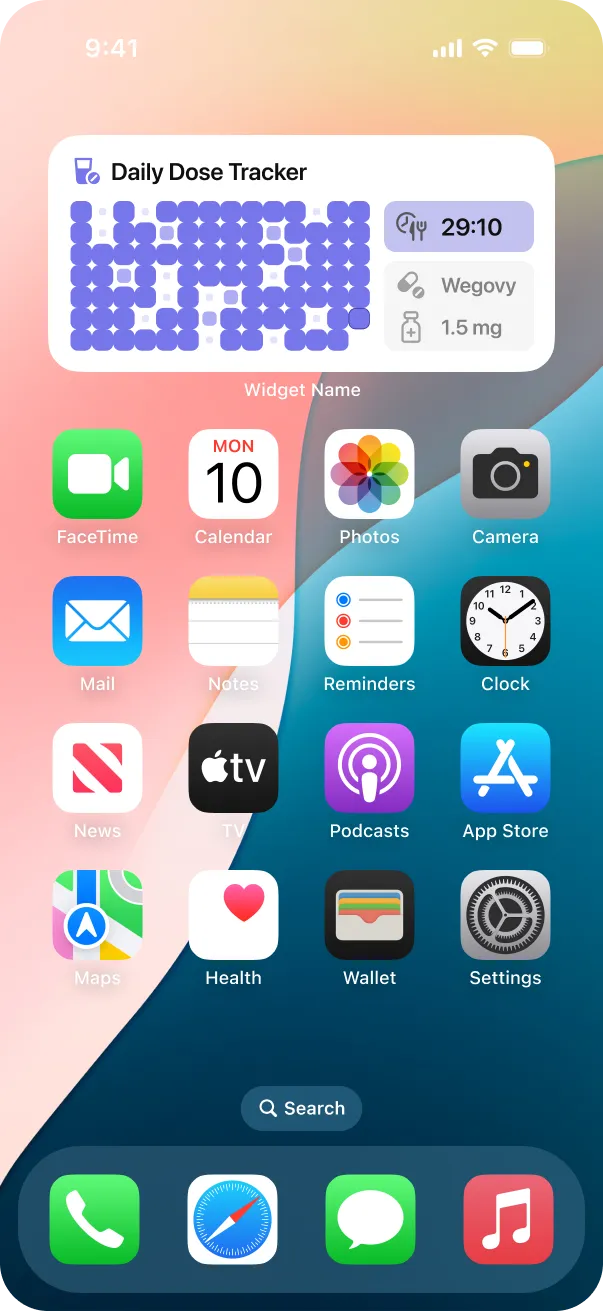 MeAgain app showing medication tracking graph with daily Foundayo dose logged
