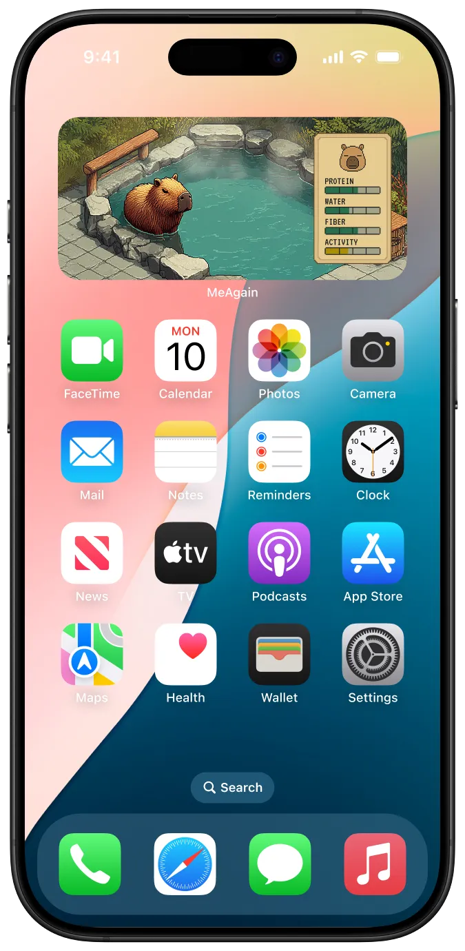 iPhone home screen showing MeAgain Capybara widget with nutrition stats including protein, fiber, and water progress