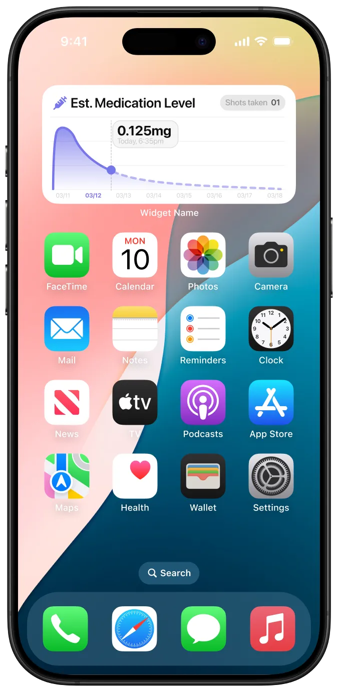 iPhone home screen with the MeAgain medication level widget showing a 7-day tirzepatide curve peaking at 0.125 mg